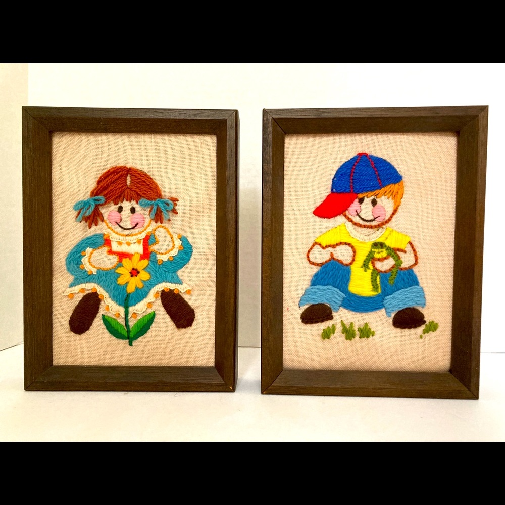 Vintage Framed Embroidery pair of a boy and girl, Precious!